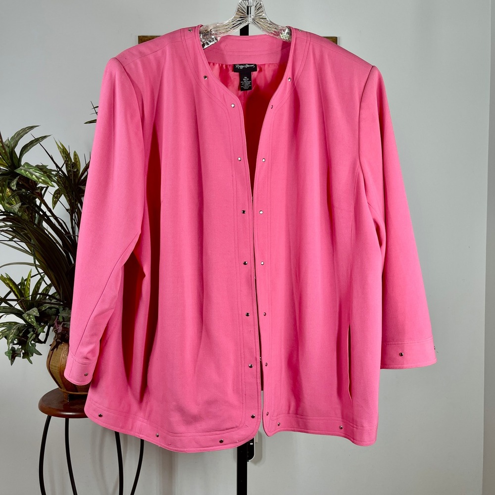 Maggie Barnes Jacket Women 5X Pink Poly Rayon Studded Open Front Blazer